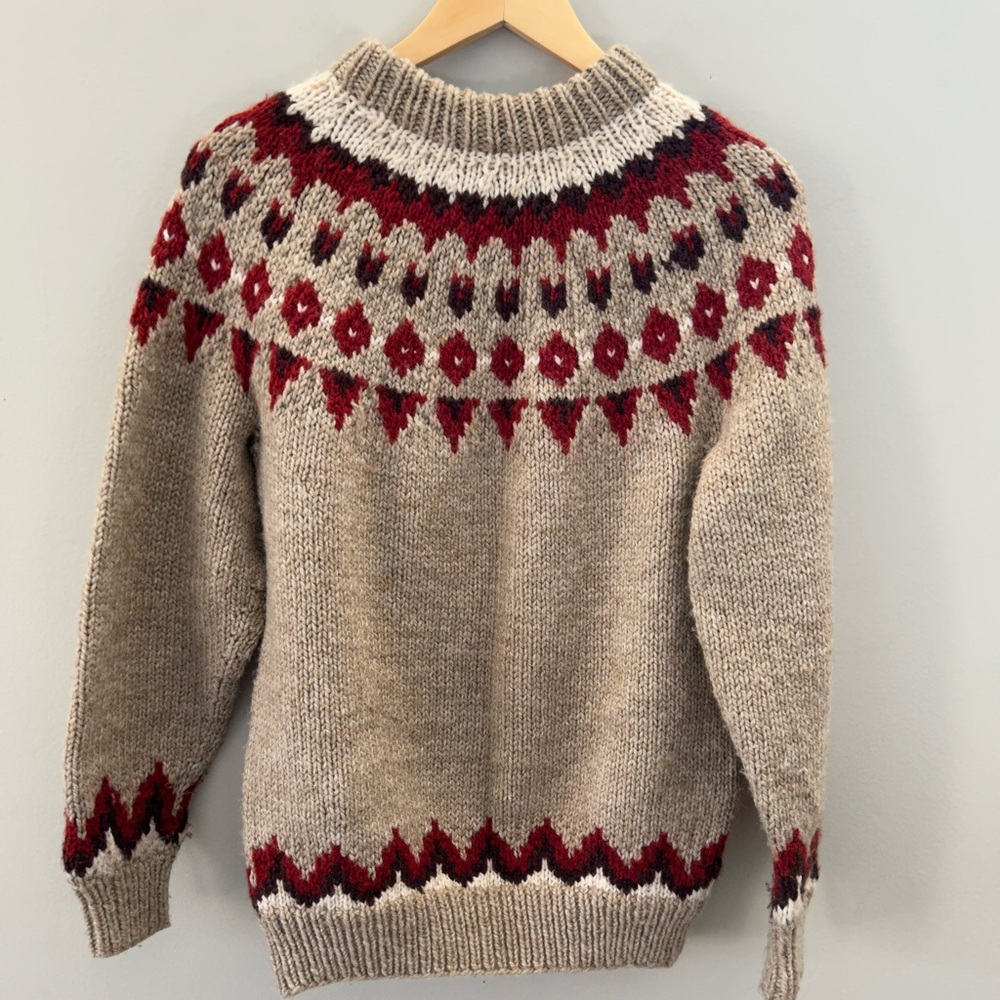 HAND KNIT Wool Fair Isle Oatmeal Nordic Chunky Knit Crew Neck Sweater - Picture 4 of 6